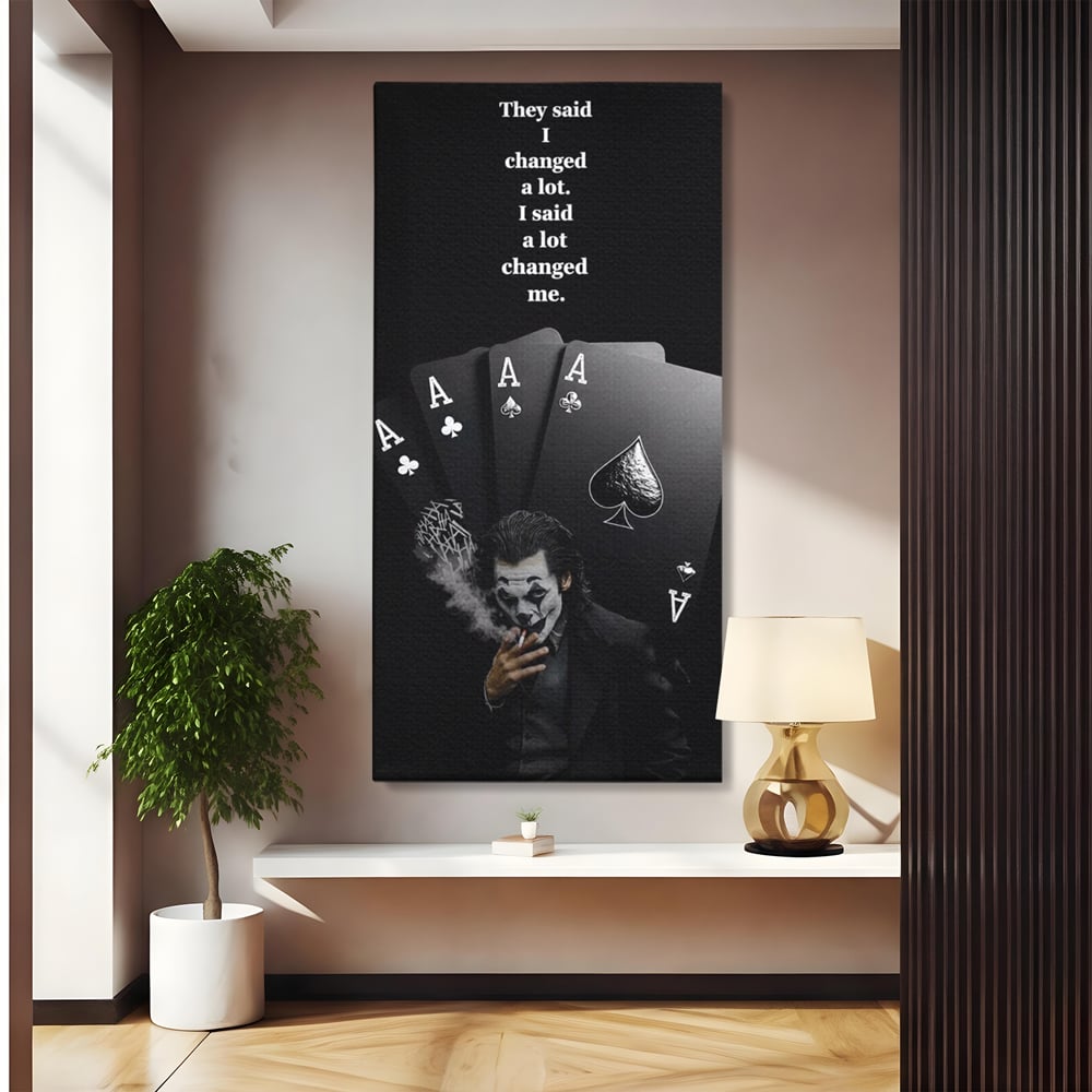 Tablou canvas cu tablou motivational cu joker si carti de joc, fara rama, pe sasiu de lemn
